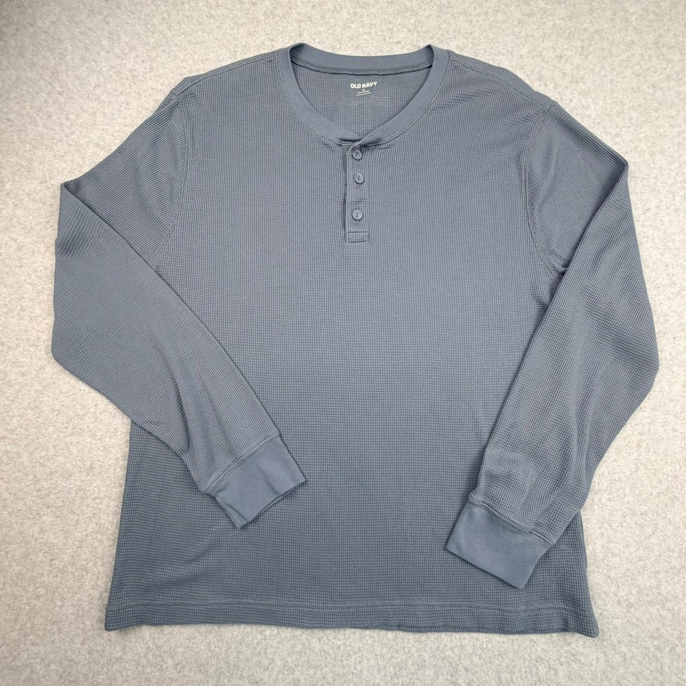 Old Navy Mens XL Waffle Knit Henley Shirt Long Sleeve Slate Blue Soft Washed